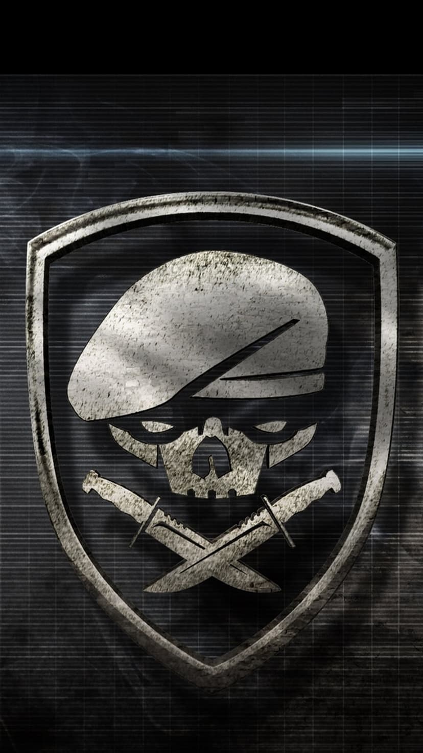 Weathered metallic skull wearing a beret positioned above two crossed combat knives on a dark grid backdrop.