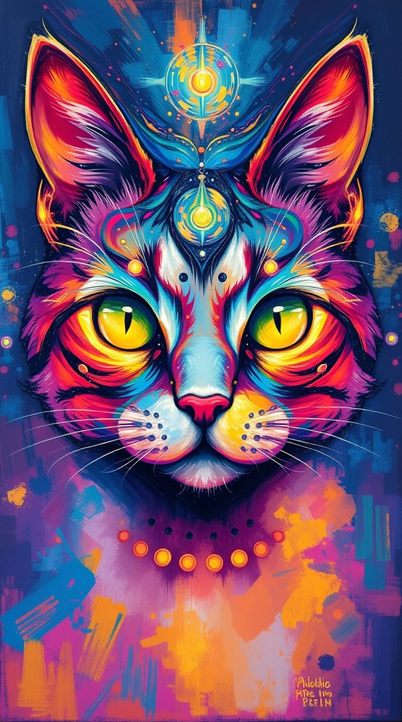 Cat with glowing yellow eyes and multicolored fur decorated with swirling psychedelic patterns and shapes.