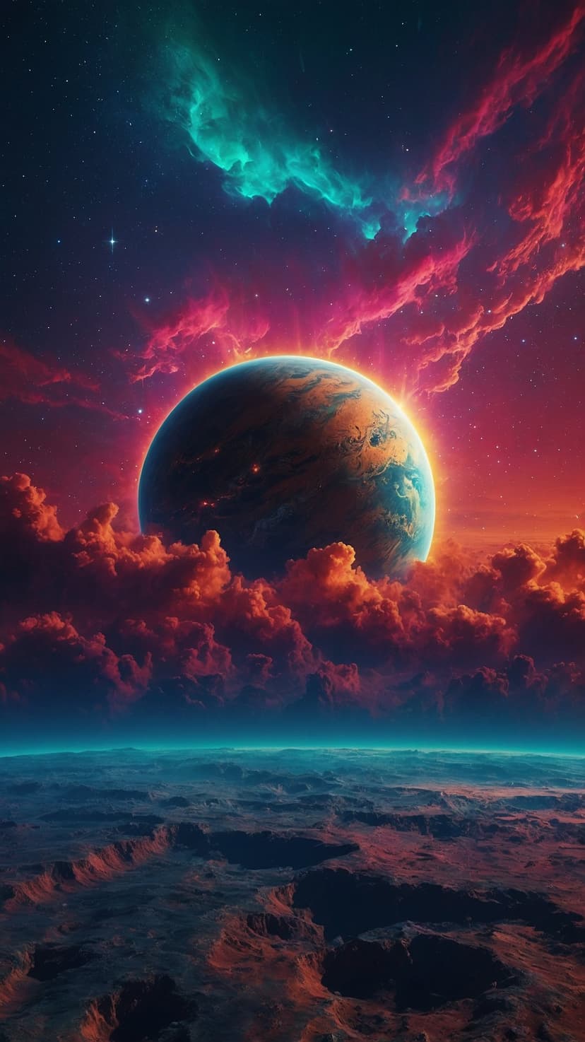 Ringed planet rises over a rocky alien landscape under a swirling red and turquoise nebula in deep space.