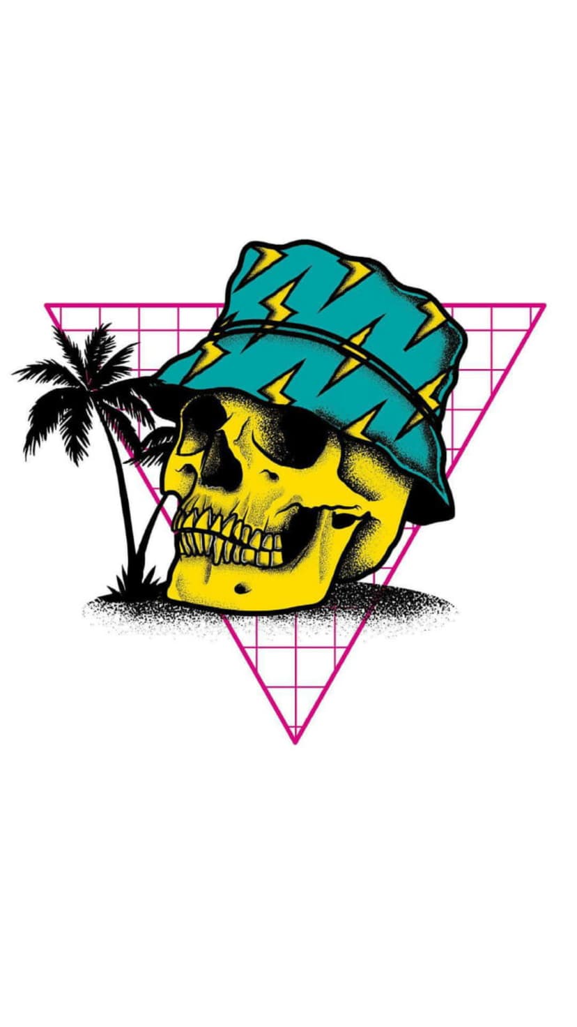 Yellow skull wearing a teal bucket hat stands next to a palm tree silhouette against a pink grid triangle.