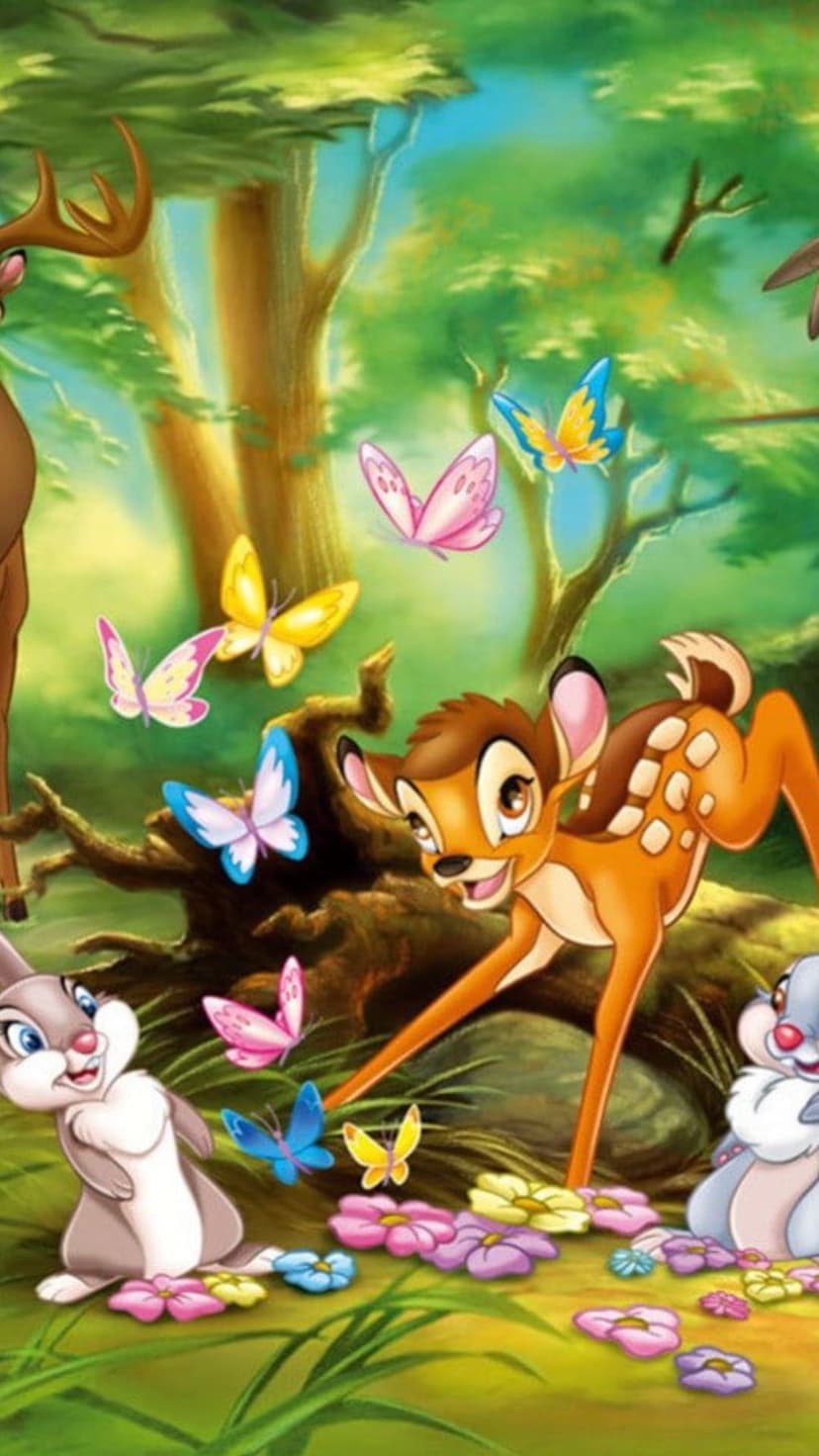 Bambi, Thumper, and Fawn sit in a sunlit meadow surrounded by colorful butterflies and blooming wildflowers.