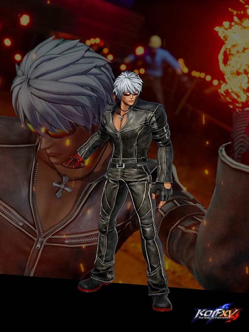 K' from KOF XV in a black leather outfit with white hair and orange glasses against a background of fire.