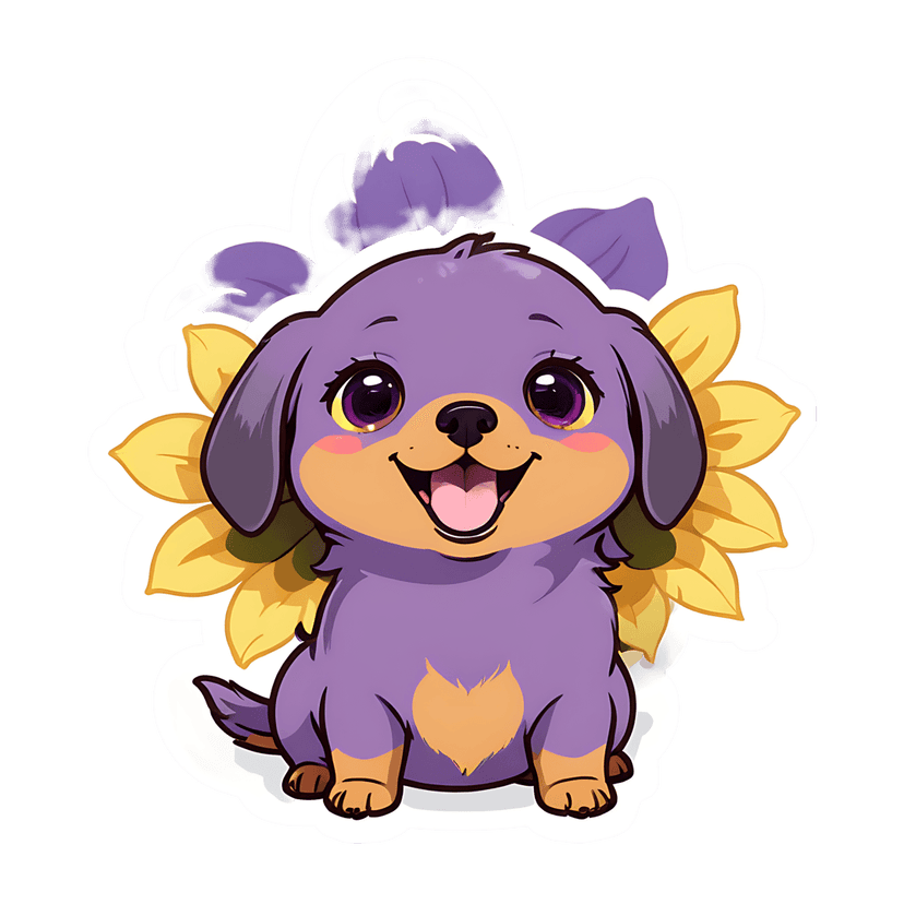 Purple puppy sticker illustration sits centered with yellow sunflower petals and a glossy die-cut white outline.