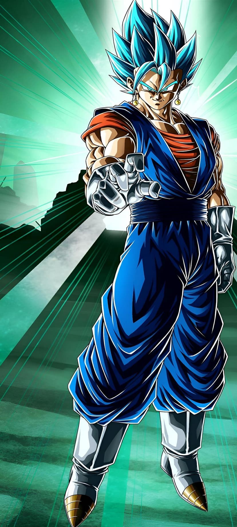 Vegito Blue with spiked azure hair and blue-orange gi posing against a green light ray background.