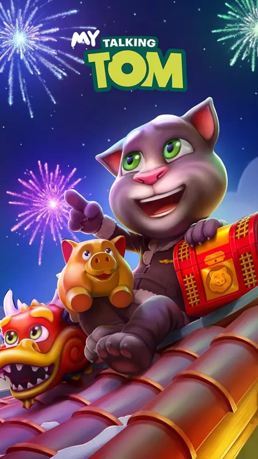 Talking Tom smiles beside a traditional festive dragon under a sky filled with shimmering firework bursts.