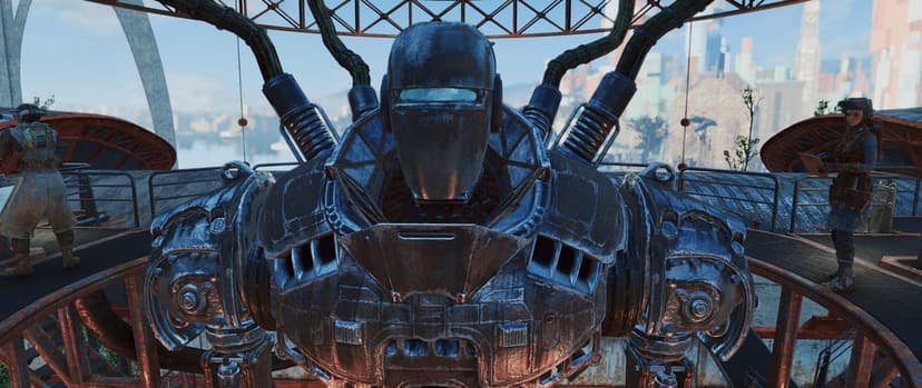 Giant steel robot with a visor stands in a metal hangar with technicians on catwalks and a city background.