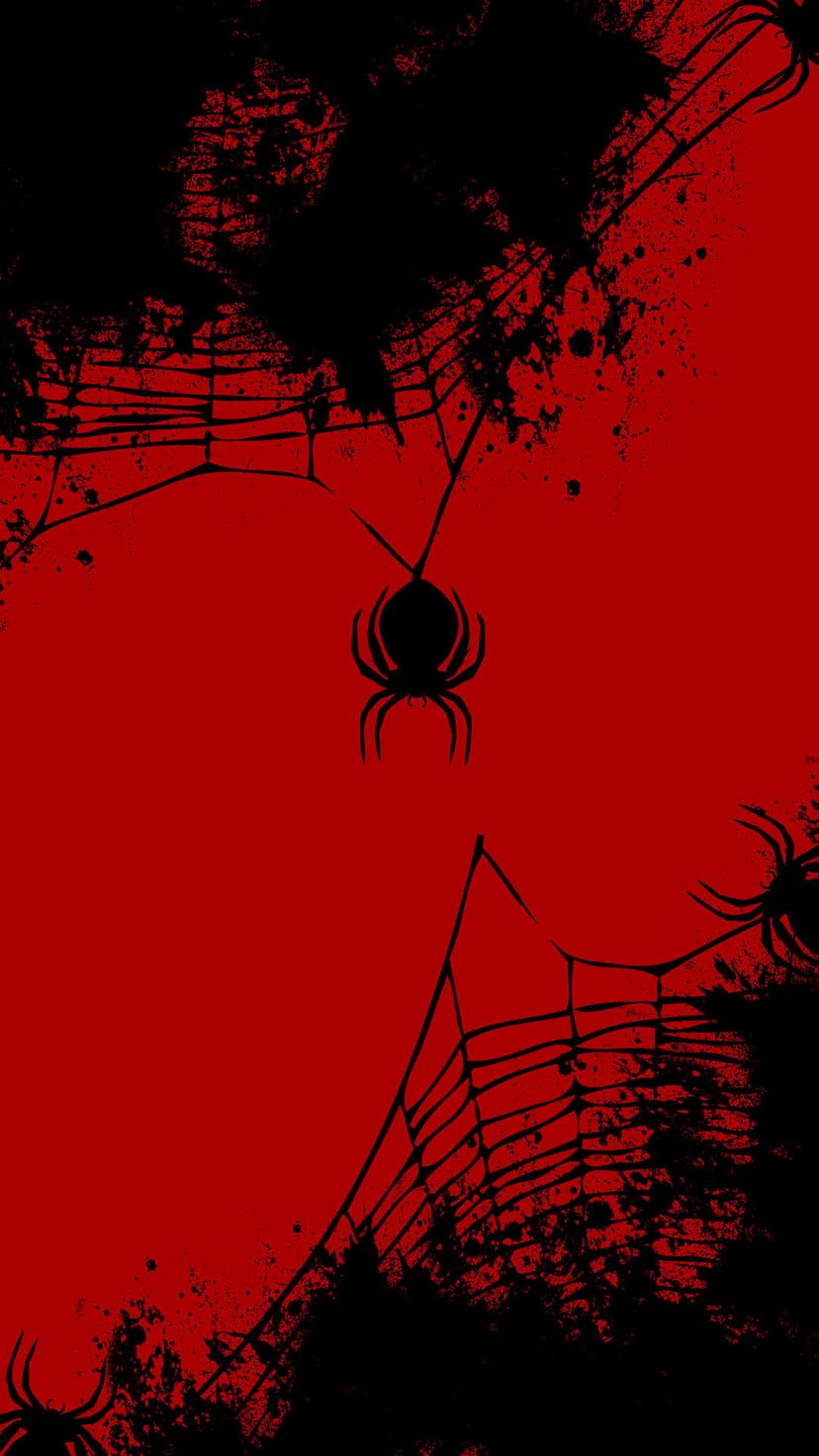 Black spiders crawl on intricate web patterns against a textured red background with a weathered grunge aesthetic.