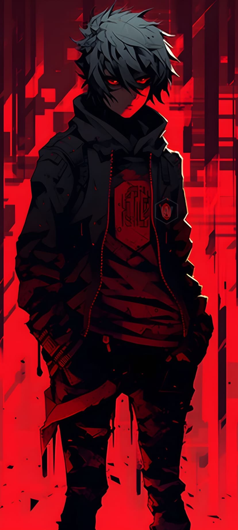 Anime boy with spiky grey hair and glowing red eyes wears a dark hoodie against a red abstract backdrop.