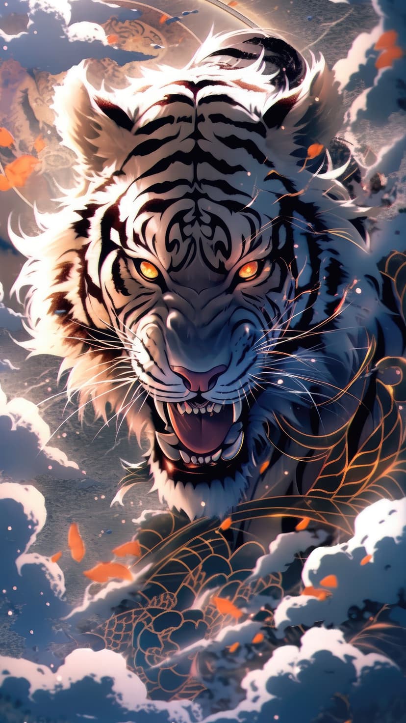 White tiger with glowing orange eyes and bared teeth emerges from dark swirling clouds and orange embers.