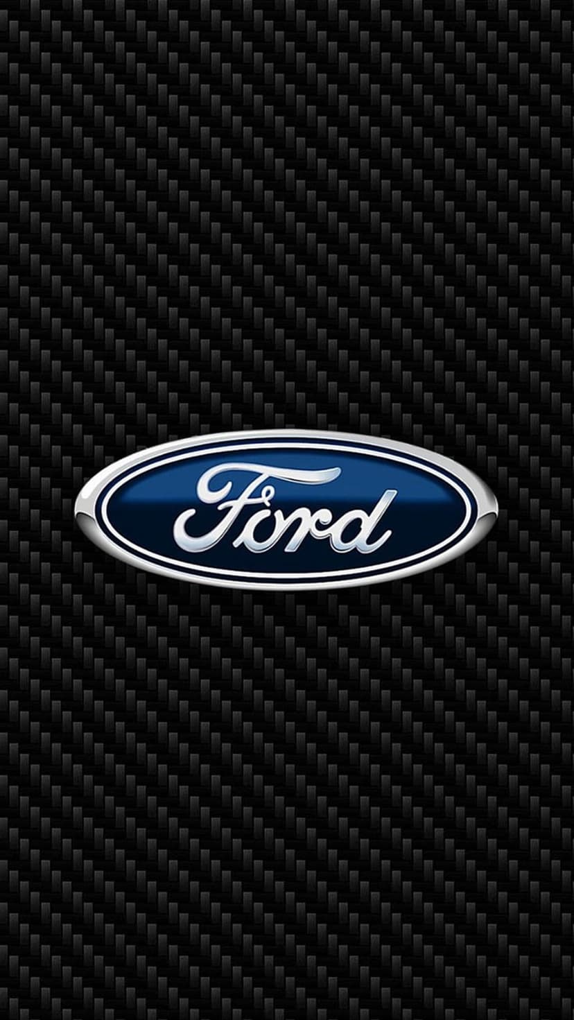 Ford blue oval logo with chrome trim positioned on a textured black carbon fiber weave pattern background.