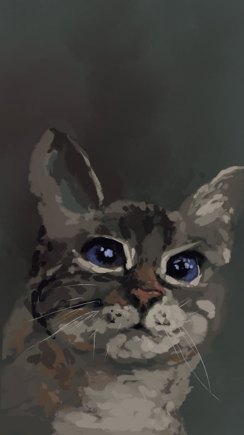 Tabby cat with bright blue eyes and textured fur strokes stares directly forward in a vertical portrait.