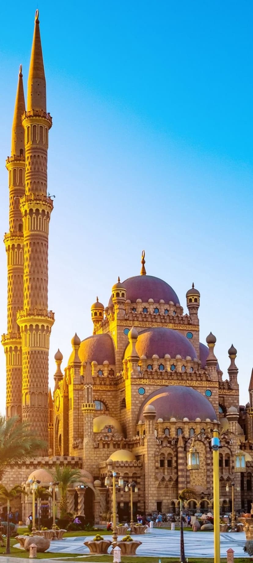El Sahaba Mosque features intricate stone carvings, twin minarets, and golden domes under a clear blue Egyptian sky.