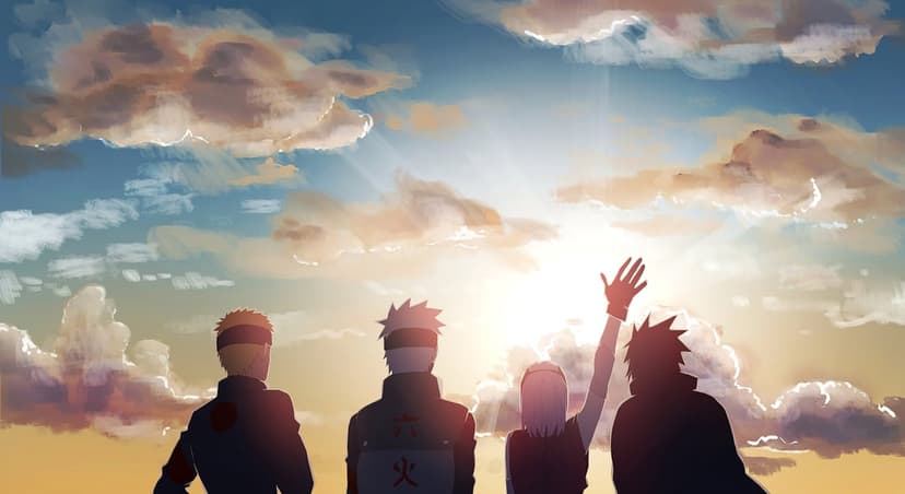 Naruto, Kakashi, Sakura, and Sasuke stand in silhouette before a bright sun and glowing orange clouds.