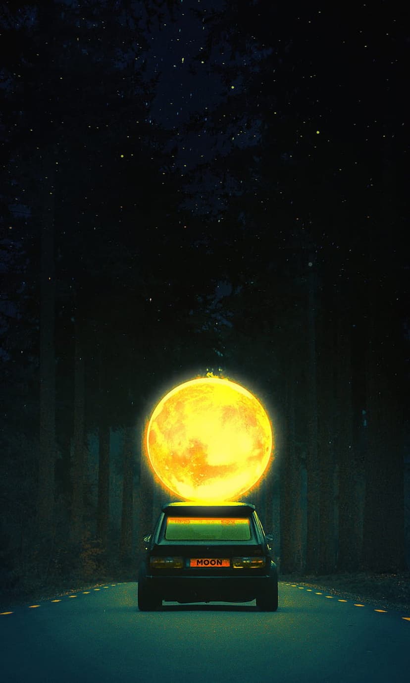 Rear view of a car with a MOON license plate driving toward a giant glowing orange moon in a dark forest.