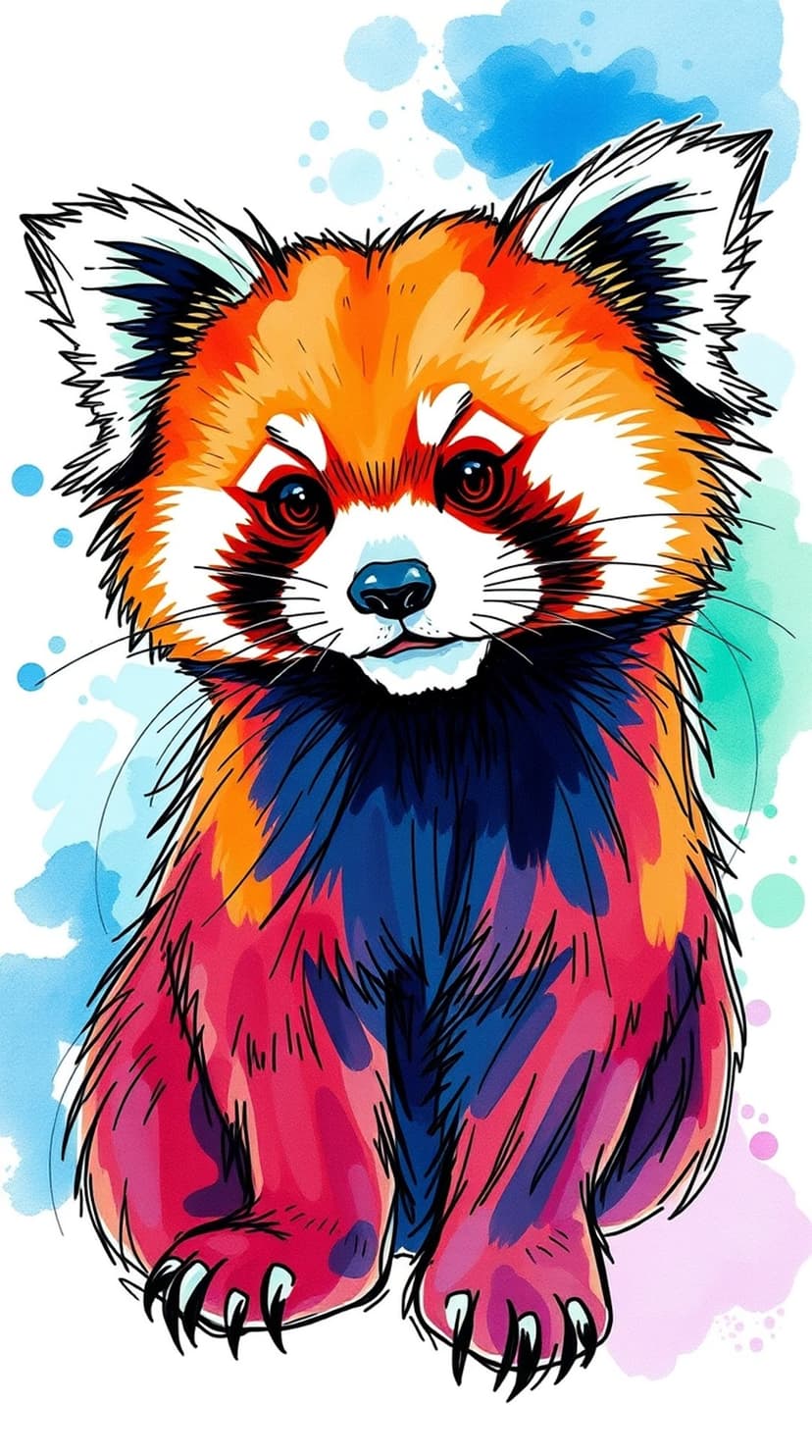 Red panda with large dark eyes and a ringed tail surrounded by colorful paint splatters and textured strokes.
