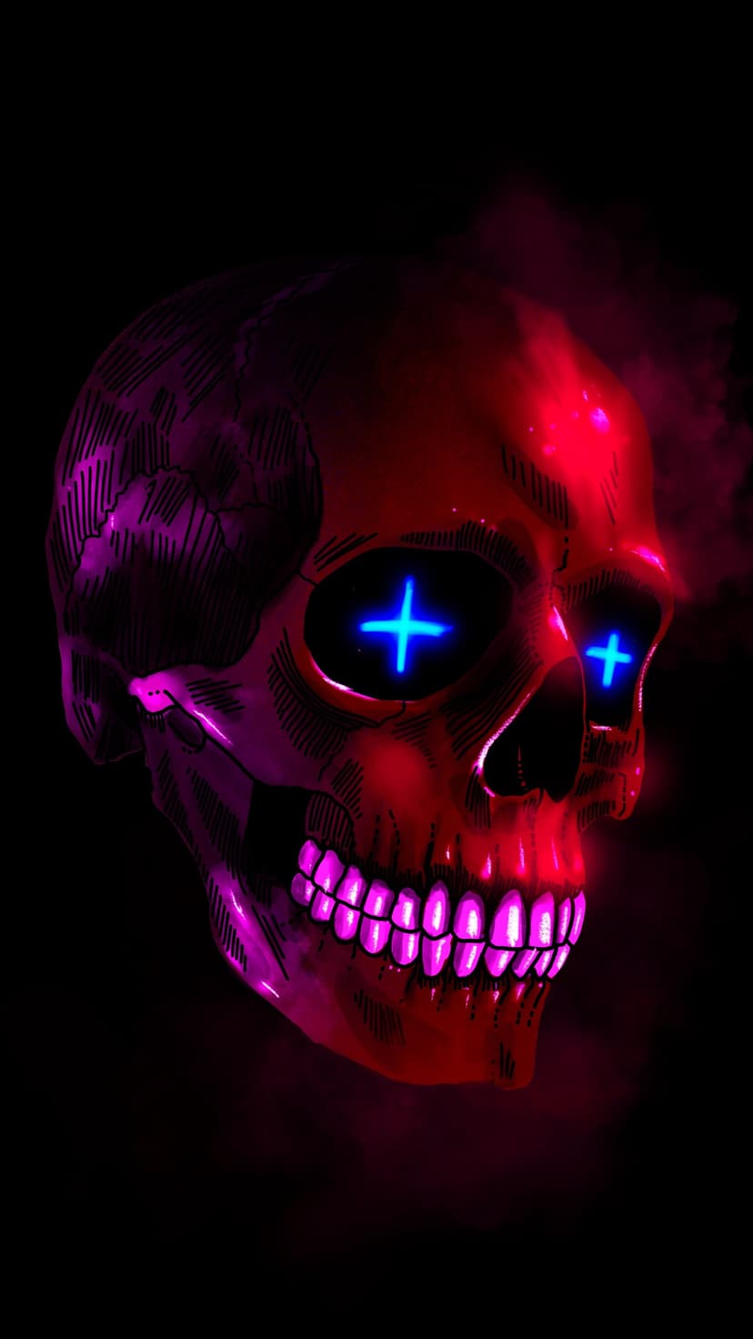 Human skull with glowing blue cross eyes and vibrant red neon light accents against a solid black background.