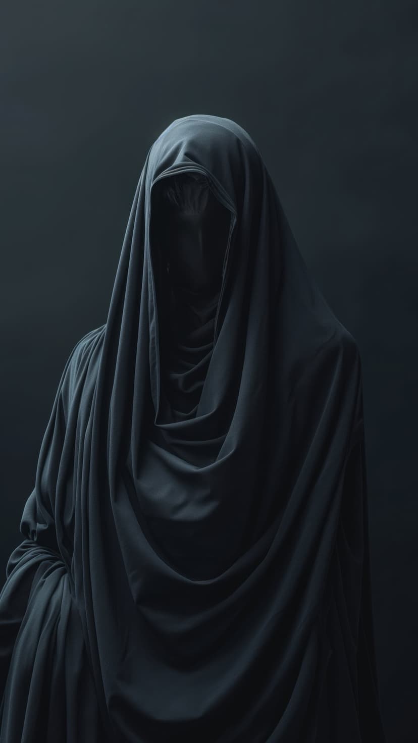 Hooded figure in a black robe stands against a dark background with subtle light reflecting off fabric folds.