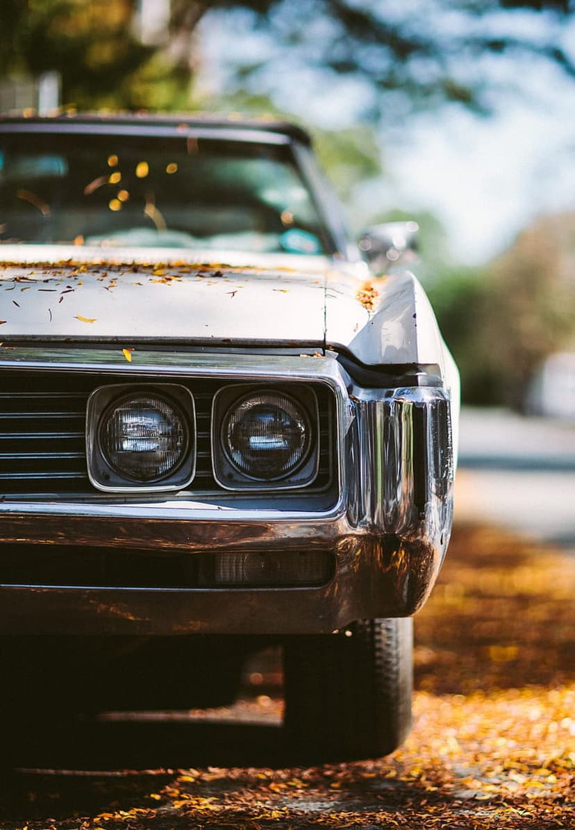 Classic car front grille and dual headlights covered in orange autumn leaves with a soft sunlit bokeh background.