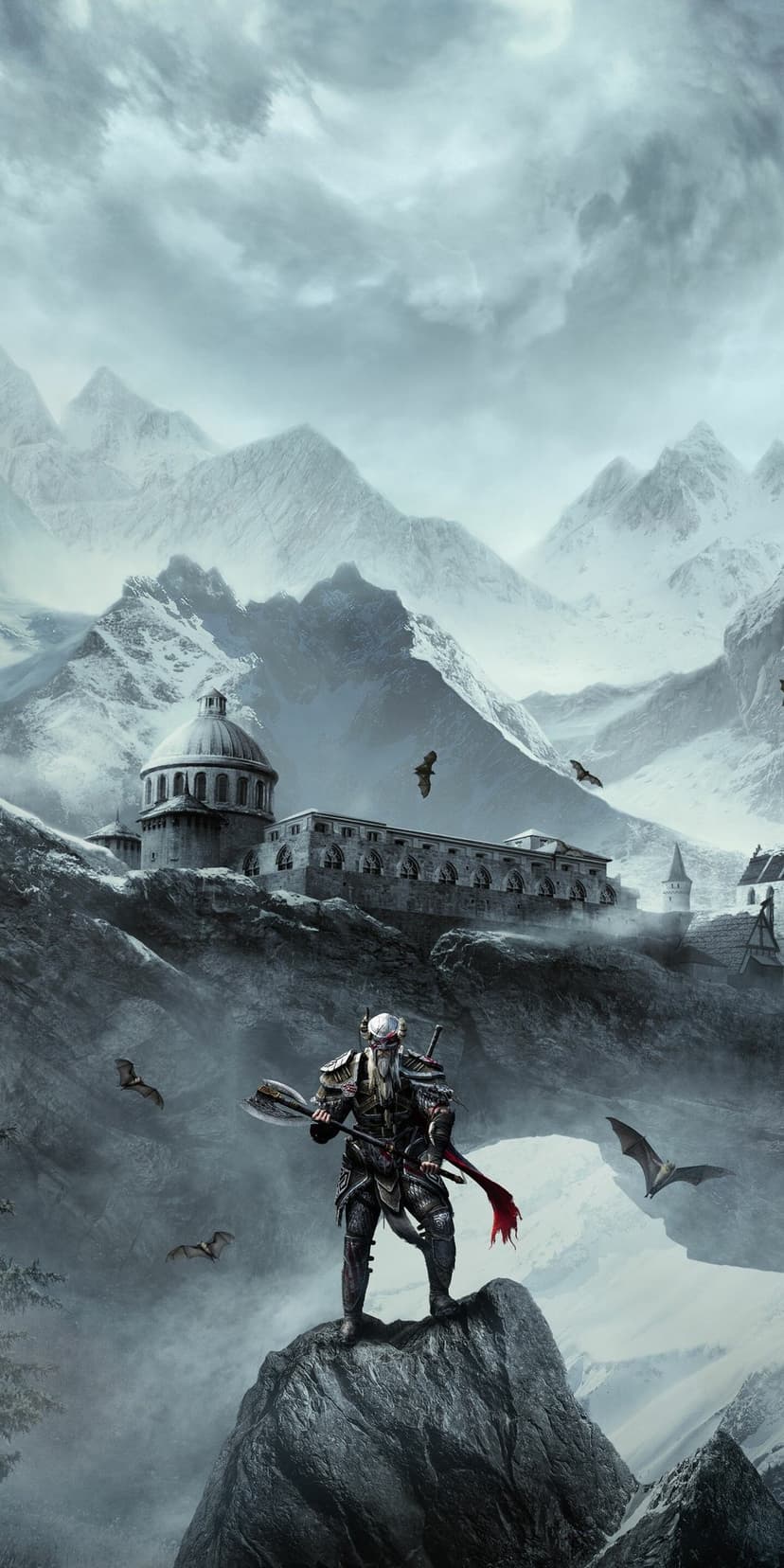 Armored warrior with axe standing on a rock overlooking a snowy mountain castle with bats in the sky.