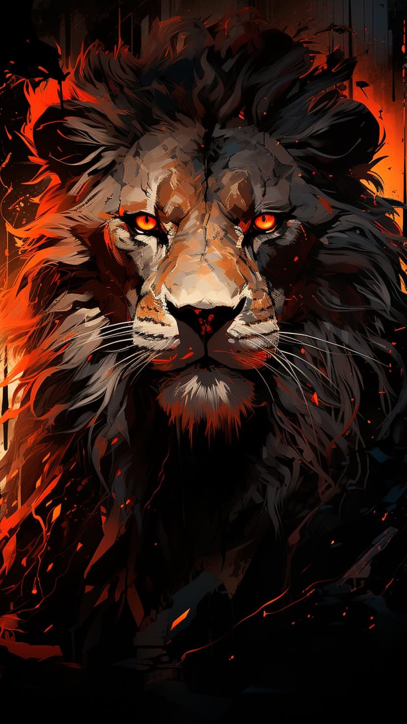 Lion with a mane of glowing orange embers and intense amber eyes stares forward against a dark background.
