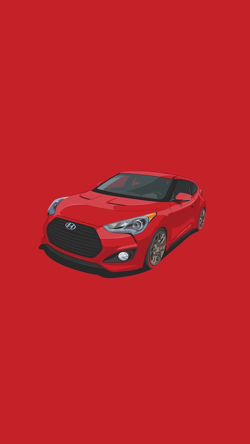 Red Hyundai Veloster hatchback with oversized wheels and aggressive grille on a matching solid red background.