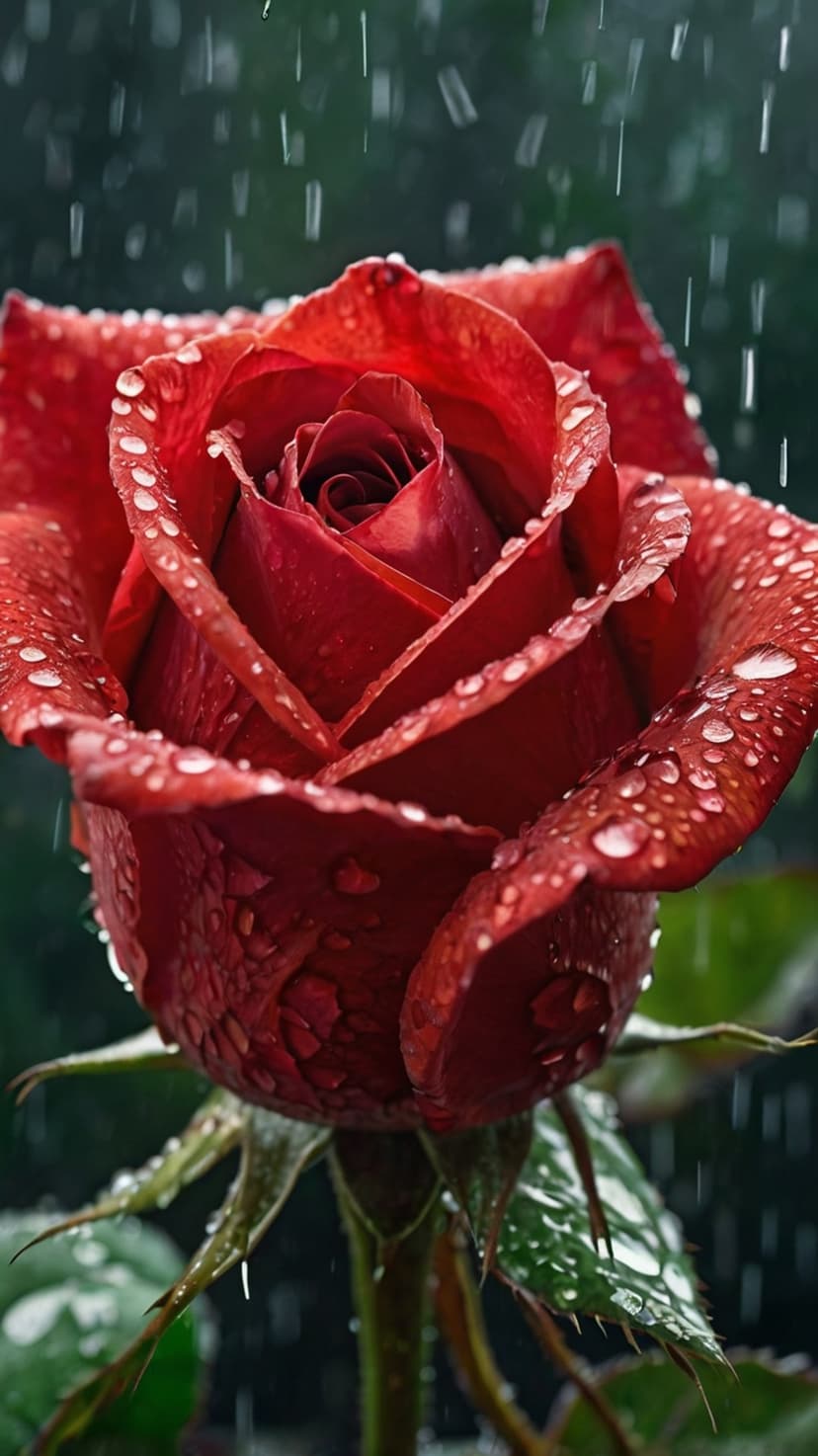 Red rose petals covered in clear water droplets against a blurred dark green garden background in macro view.