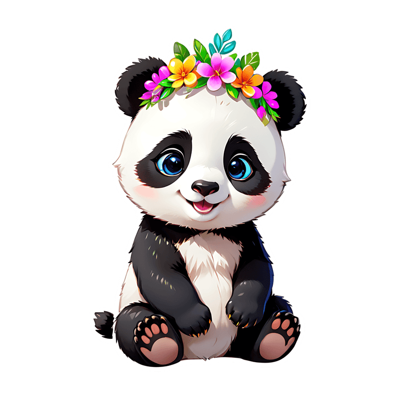 Baby panda sticker with a colorful flower crown, glossy blue eyes, and pink cheeks on a white background.