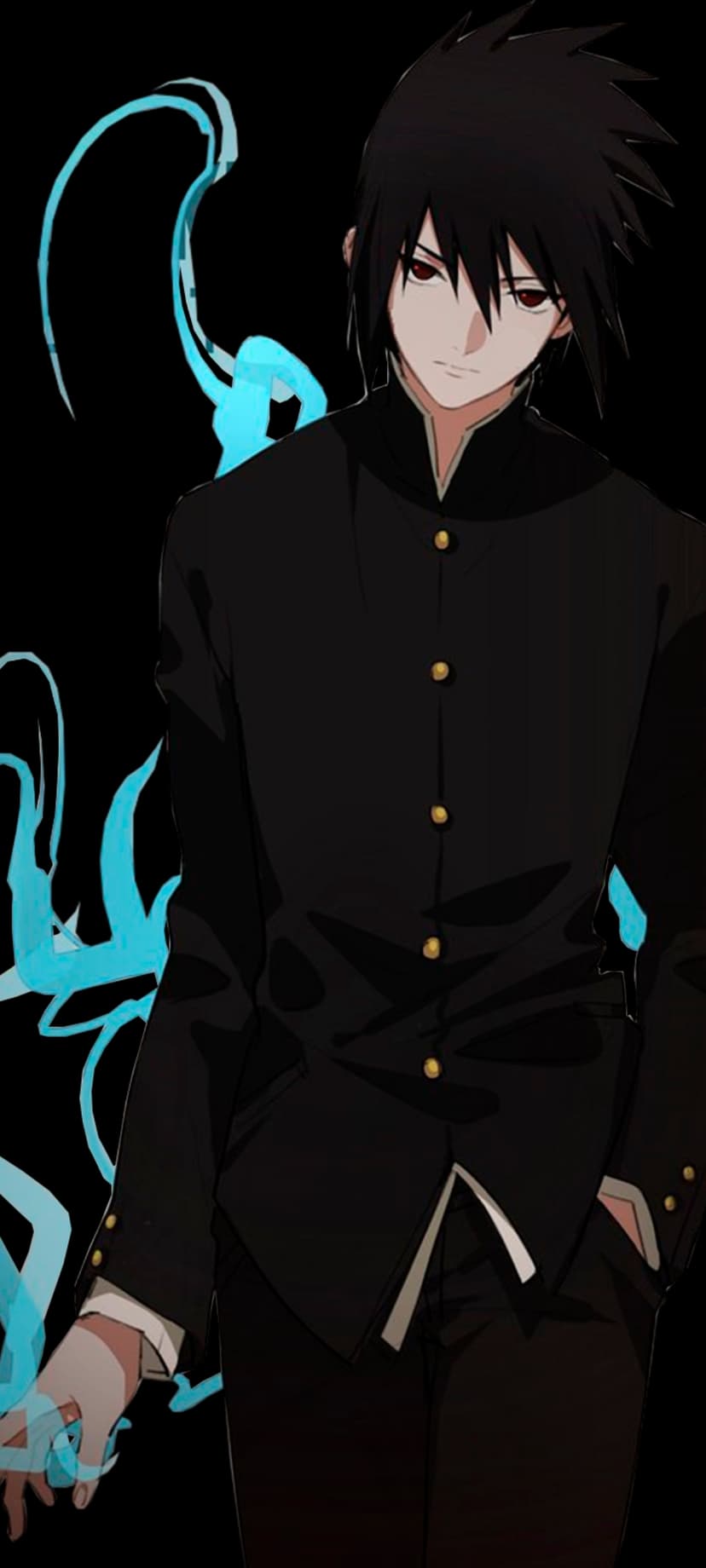 Dark-haired anime character with glowing red eyes wearing a black uniform while wielding swirling blue energy.