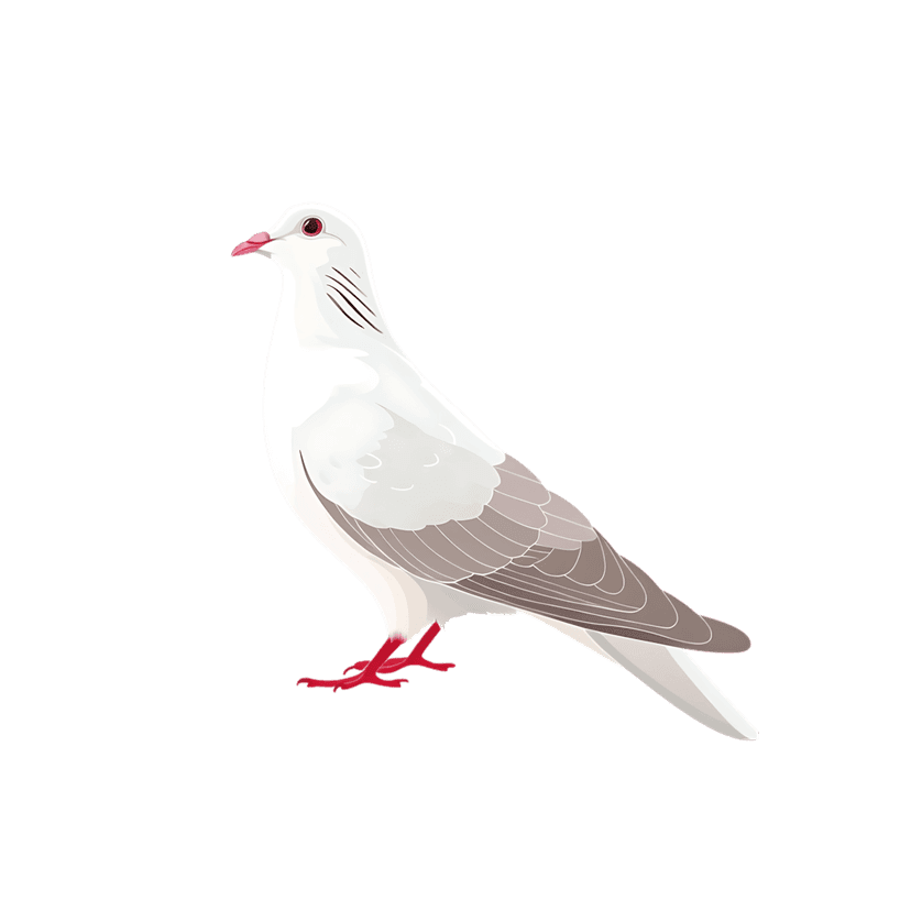 White pigeon with red feet stands in profile view against a solid black background showing its plumage detail.