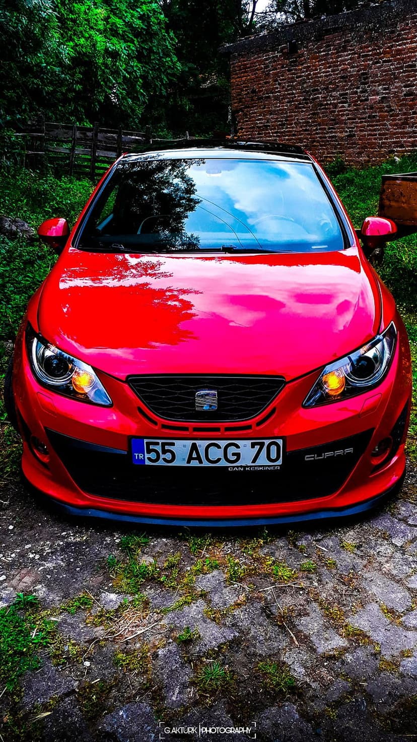 Red Cupra car with glowing headlights parked near a brick wall and green leaves in an outdoor vertical portrait.