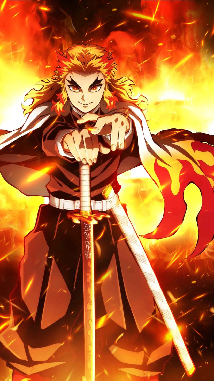 Kyojuro Rengoku grips a katana while surrounded by swirling orange flames and glowing embers in a dark setting.
