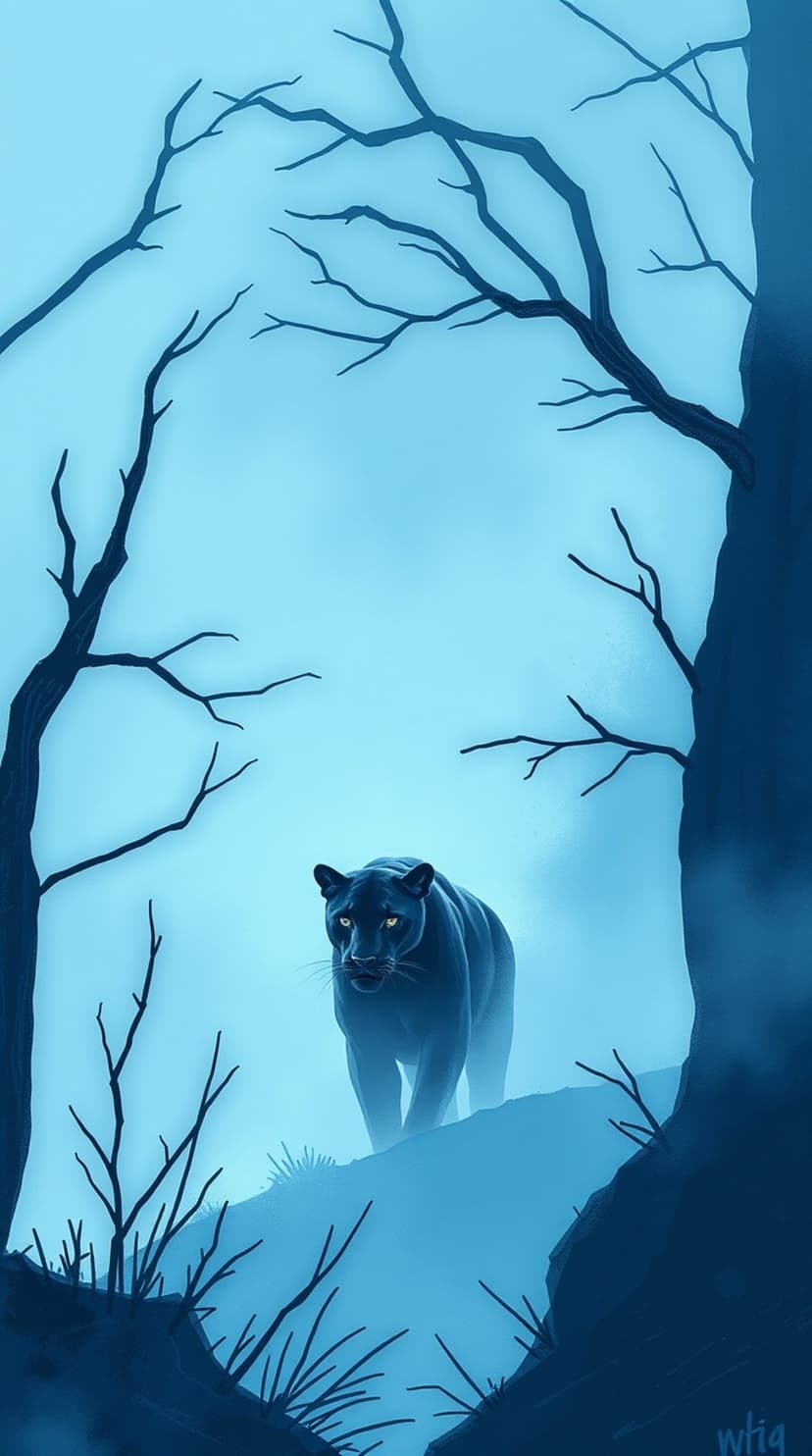 Black panther with yellow eyes walking through a dark blue foggy forest between silhouetted pine tree trunks.