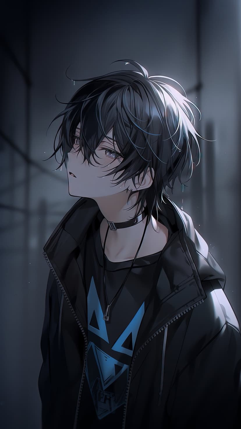 Anime boy with messy black hair, wearing a black choker and jacket with a blue graphic on his t-shirt.