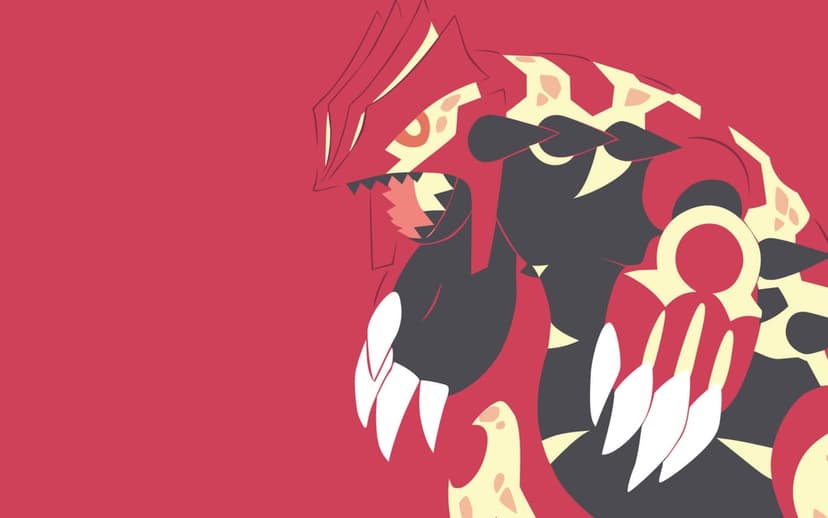 Primal Groudon minimalist flat art with glowing yellow markings and sharp claws on a solid red background.
