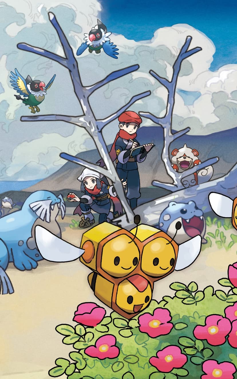 Combee hovering over pink flowers with trainers and various Pokemon in a snowy Hisui mountain landscape.