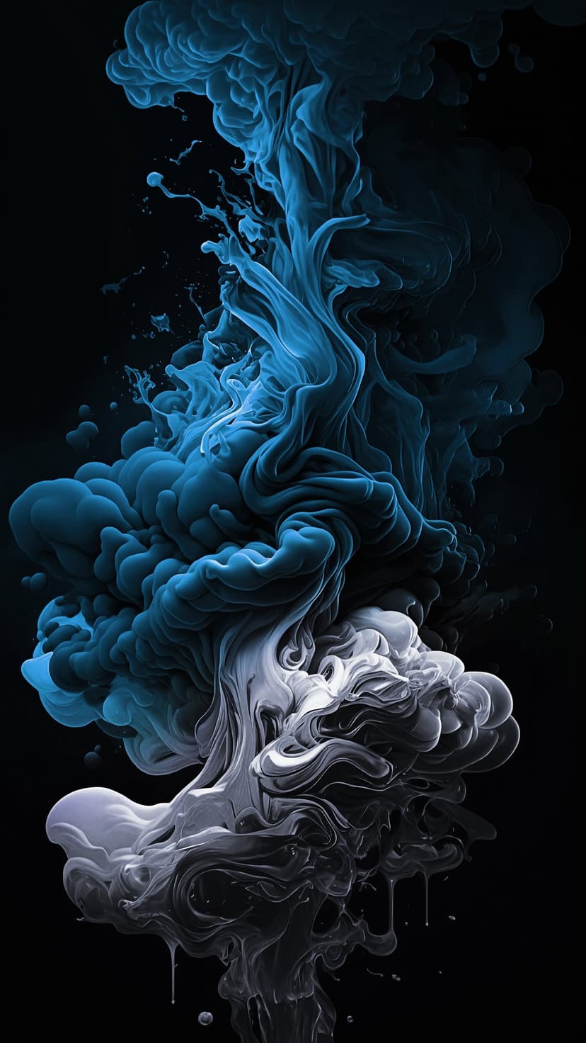Billowing blue and white smoke clouds swirl across a solid black background with intricate fluid textures.