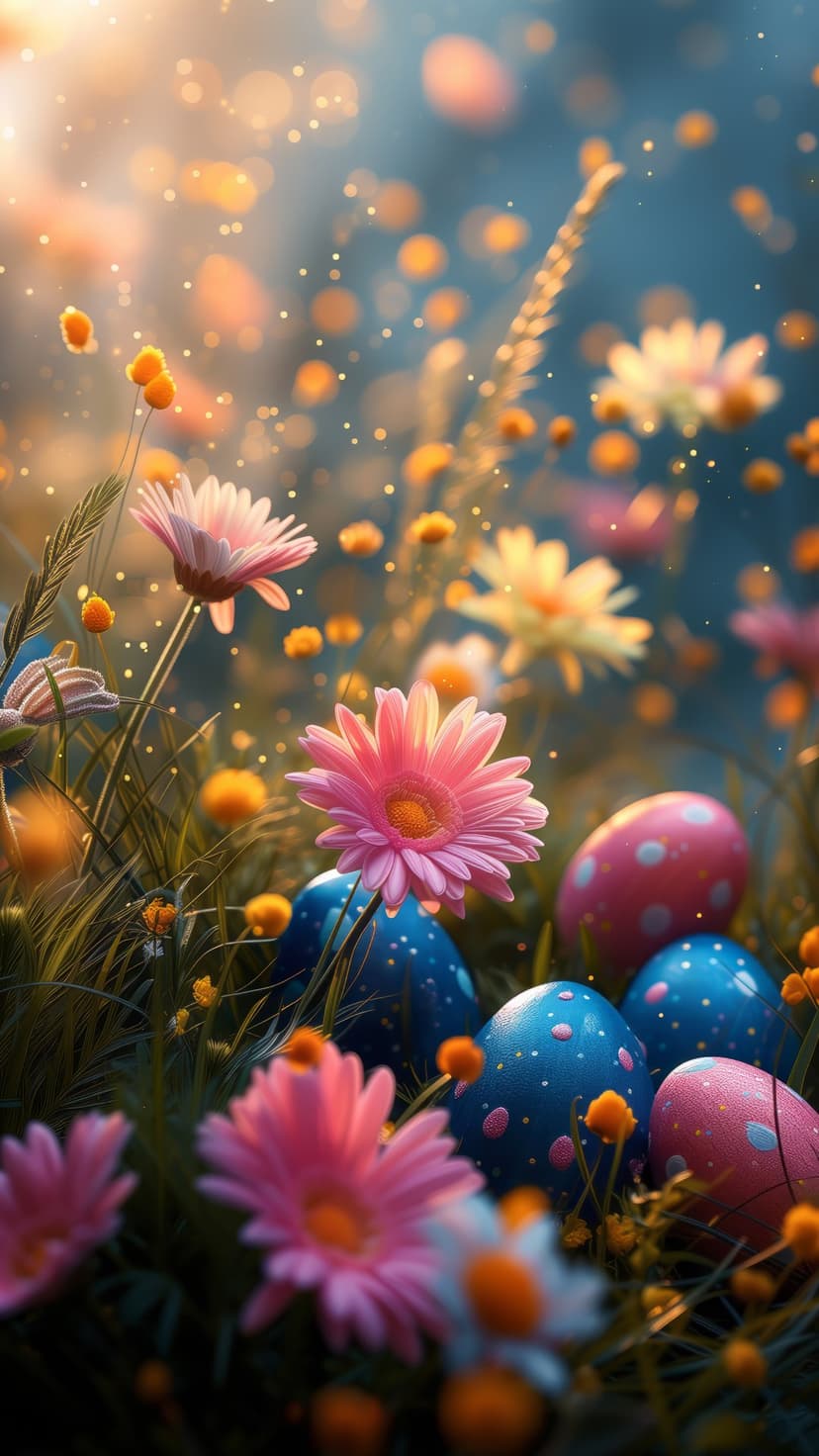 Polka-dotted Easter eggs rest among pink daisies and yellow wildflowers in a sunlit meadow with soft bokeh.
