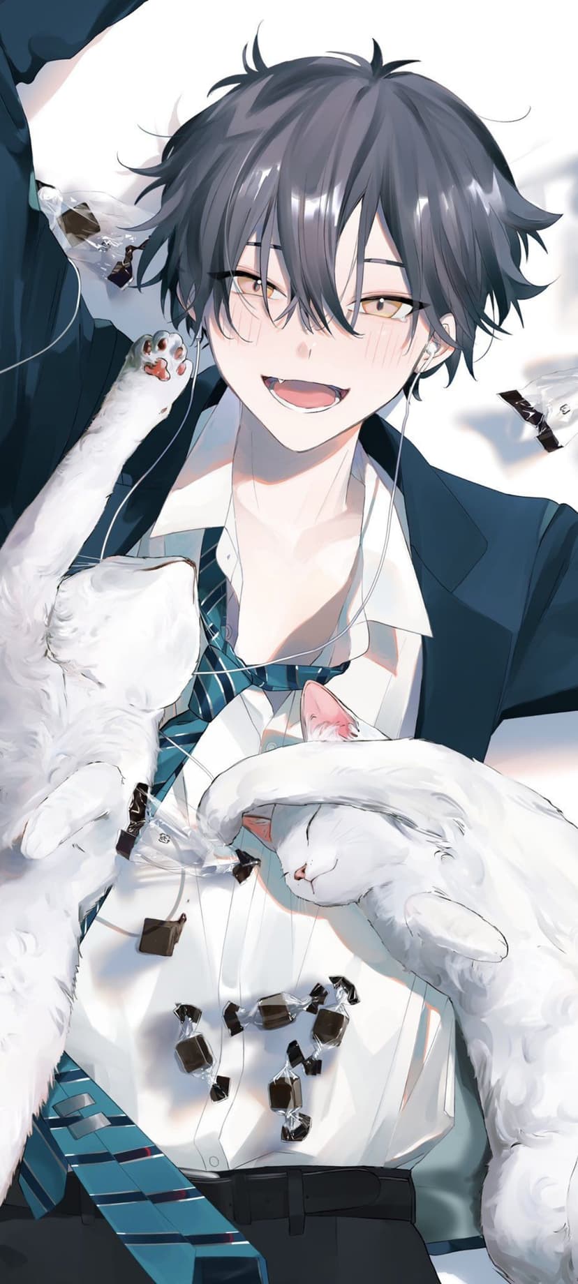 Young man with golden eyes wears a black suit and earphones while playful white cats sit on his shoulders.