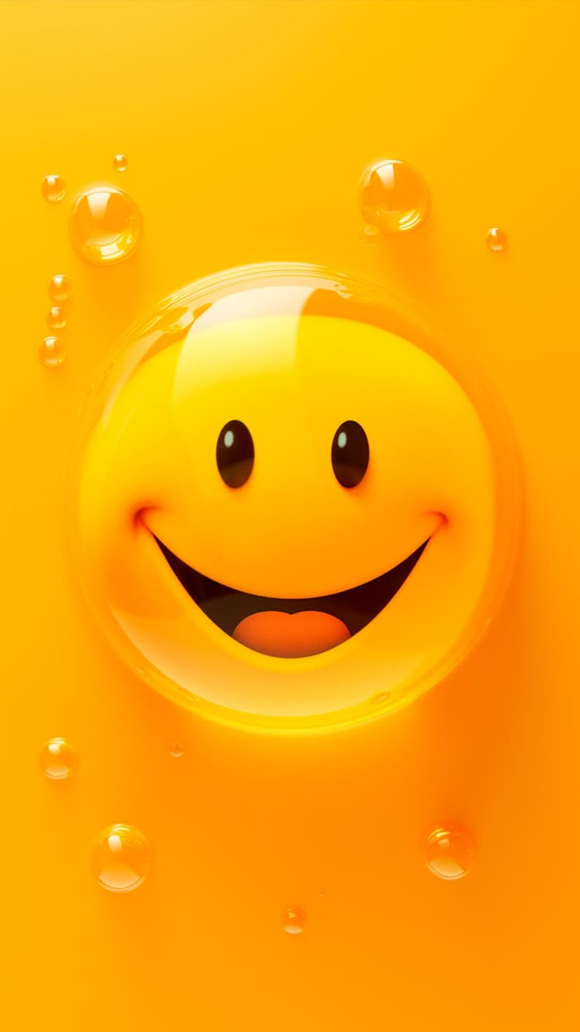 Yellow 3D smiley face sphere with black eyes floats among clear bubbles against a solid bright orange background.