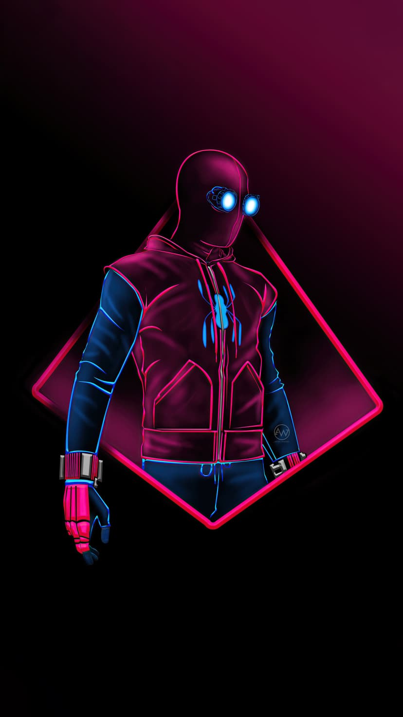 Spider-Man wears a black suit with pink and blue neon outlines while posing inside a glowing diamond frame.