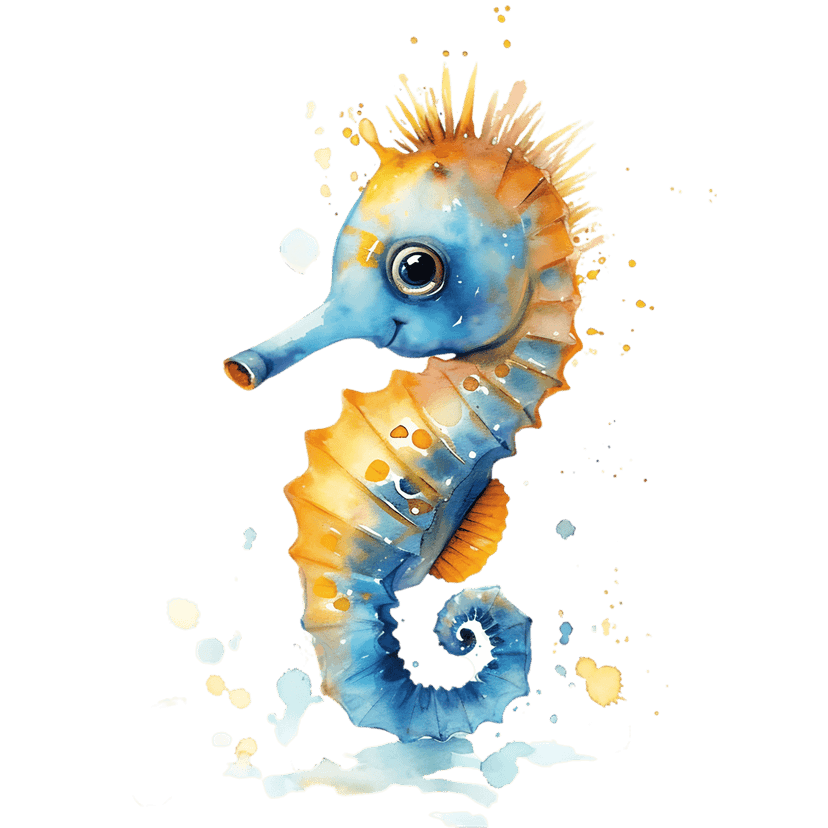 Watercolor seahorse illustration featuring blue and orange paint textures with yellow splashes on a dark surface.
