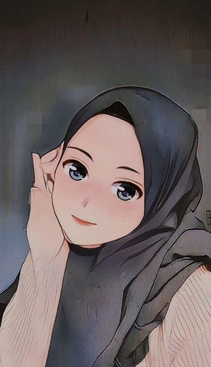 Young woman wearing dark hijab with expressive blue eyes and pink blush against a textured grey background.