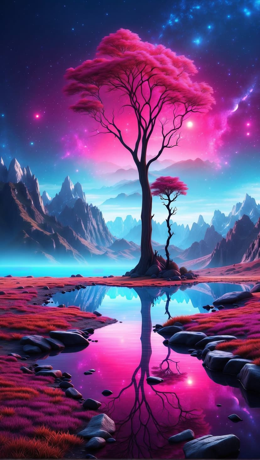 Pink galaxy tree with glowing branches reflects in a calm neon lake beneath a purple starry night sky.