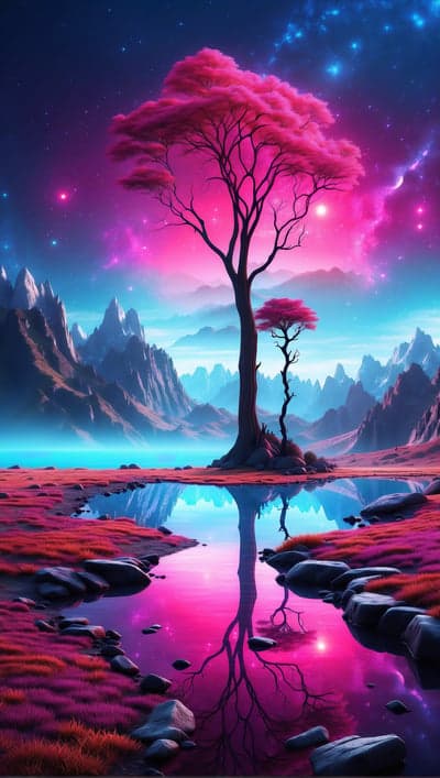 Enchanting Galaxy Tree Reflecting in Cosmic Lake