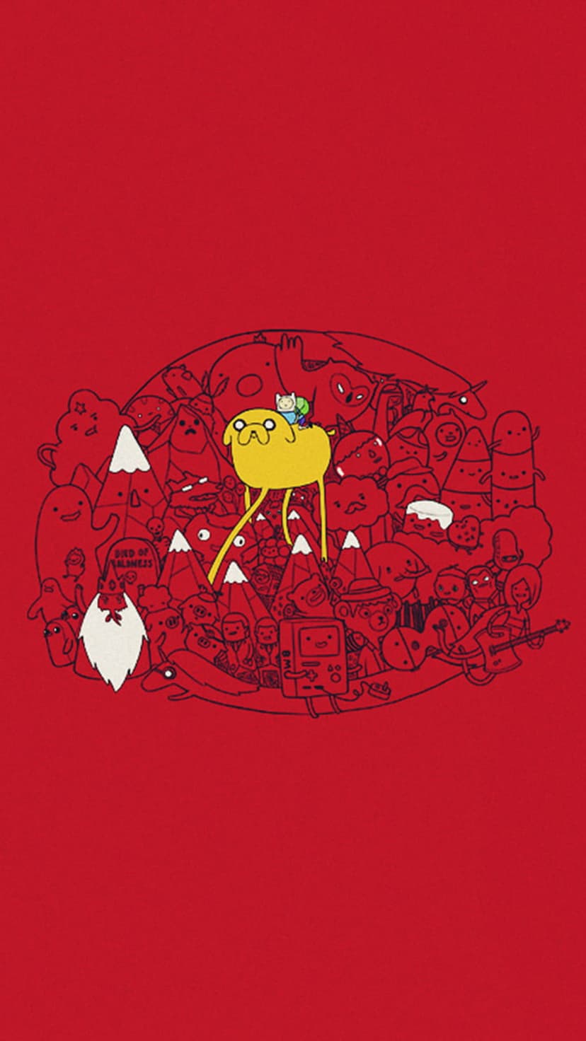 Finn the Human rides Jake the Dog inside a black-outlined circular collage on a solid red background.