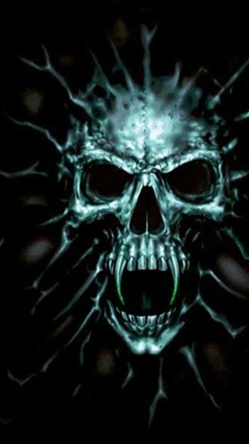 Menacing skull with glowing green eyes and sharp fangs surrounded by radiating spiky tendrils on a dark background.