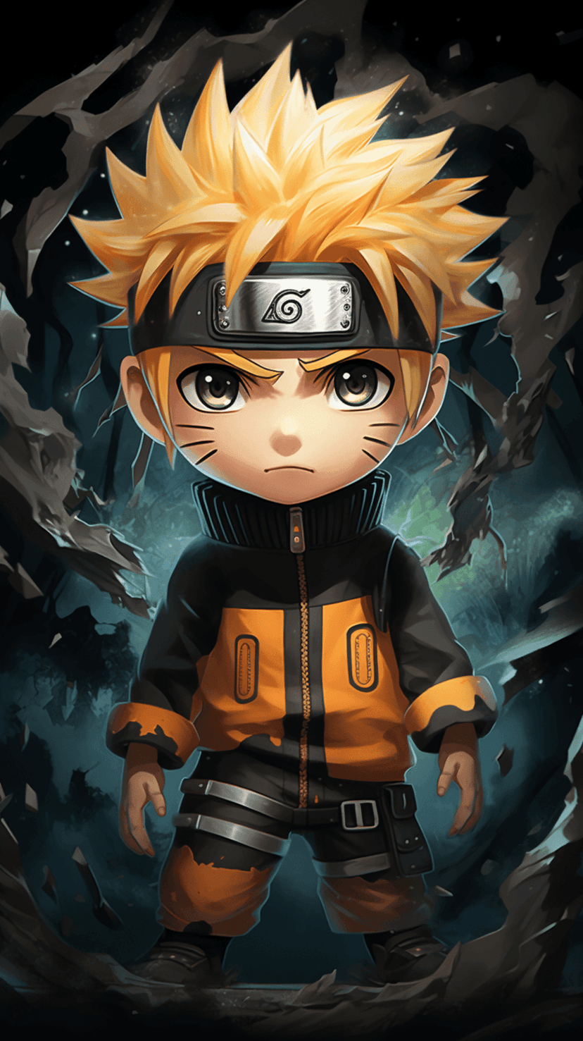 Naruto Uzumaki in his orange and black jacket with spiky blonde hair and whiskered cheeks on a dark background.