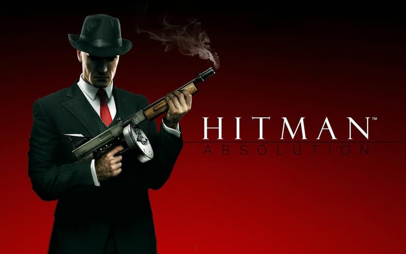 Agent 47 in a suit and fedora holds a smoking Thompson submachine gun against a dark red background.