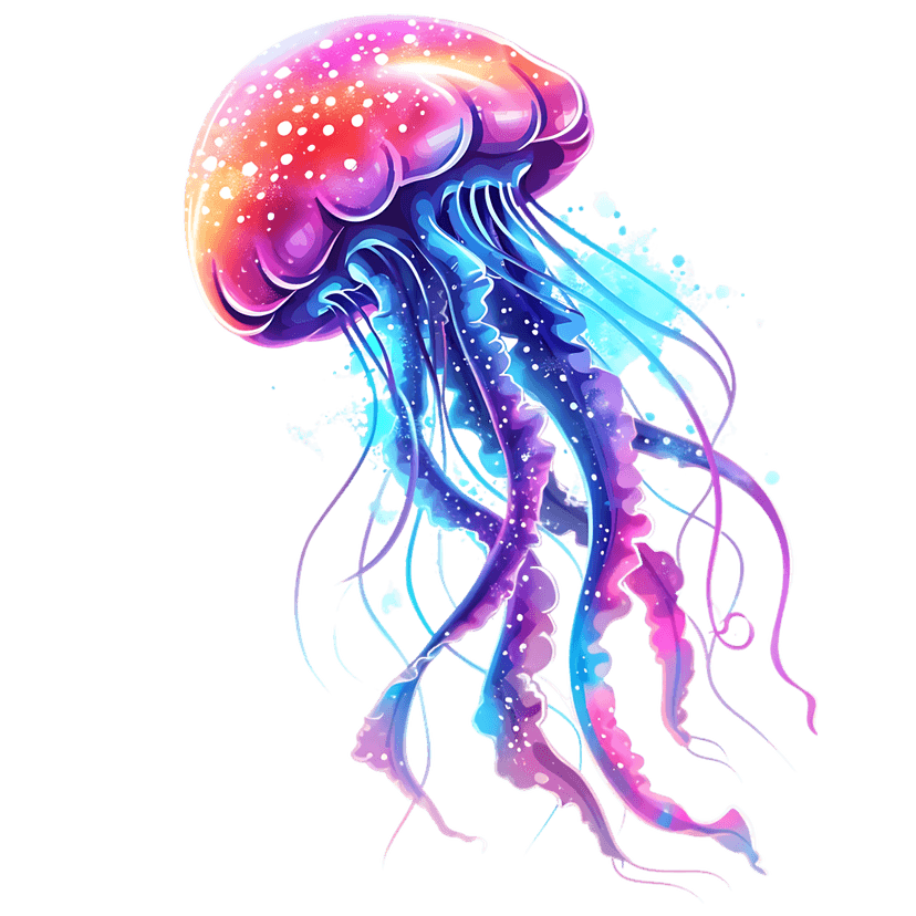 Bioluminescent jellyfish with pink tentacles and blue water splashes on a transparent background for digital art.