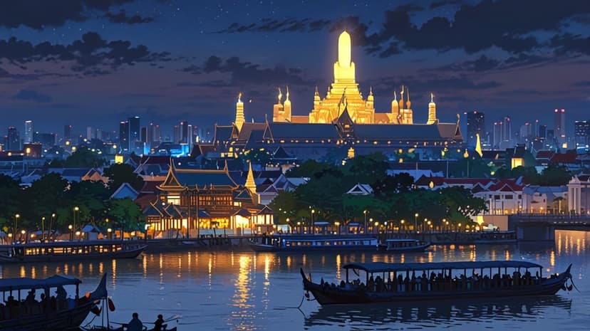 Wat Arun temple illuminated in gold against a twilight sky with light reflections on the Chao Phraya River at night.